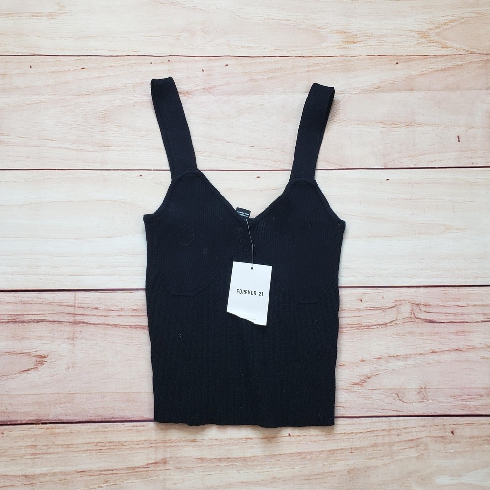 FOREVER 21 Tank Top Womens‎ S Black Cropped Sweetheart Neck Ribbed Stretch